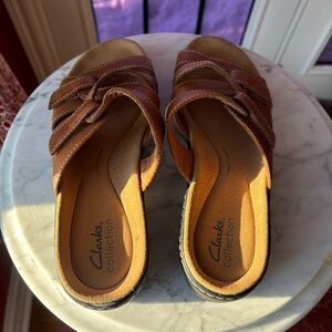 Clarks Brown Leather Slide Mules with Stitched Straps